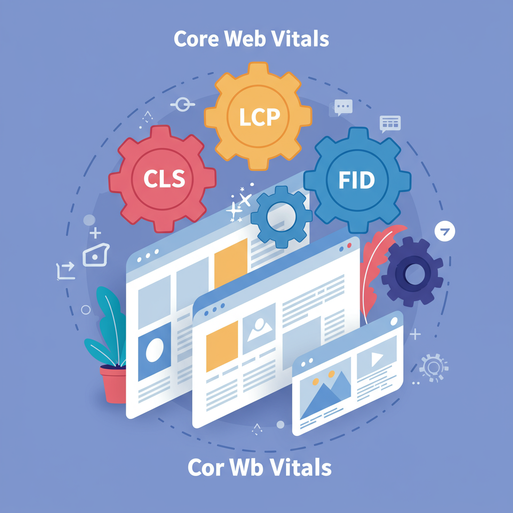 Bir web sitesinin LCP, INP ve CLS metriklerinin optimizasyonunu simgeleyen bir karşılaştırma görseli