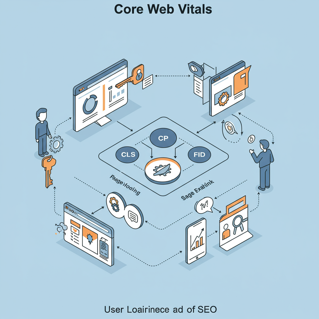 Core Web Vitals metriklerini (LCP, INP, CLS) gösteren bir konsept görsel